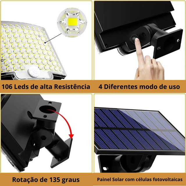 Lâmpada Solar 106 Leds - Sensor de movimento incluso